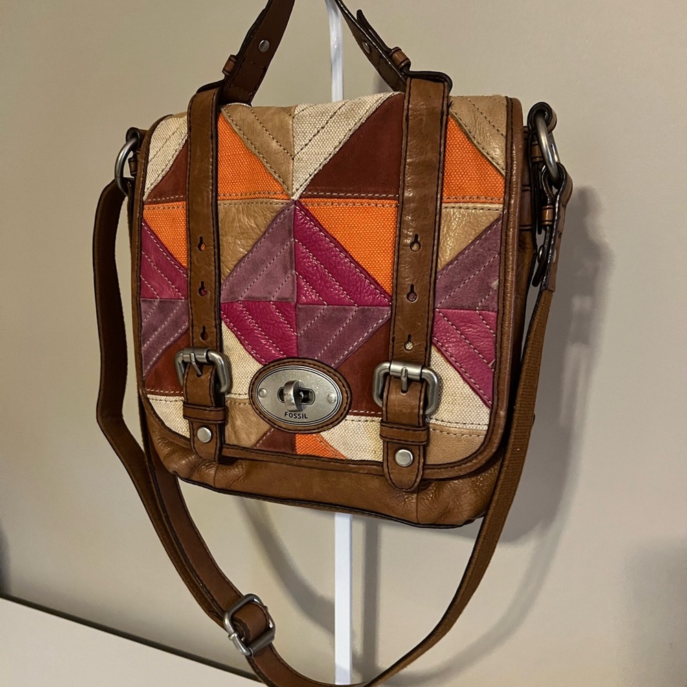 Vintage Fossil Women's Patchwork Leather Crossbody Bag - Brown, Orange, Pink